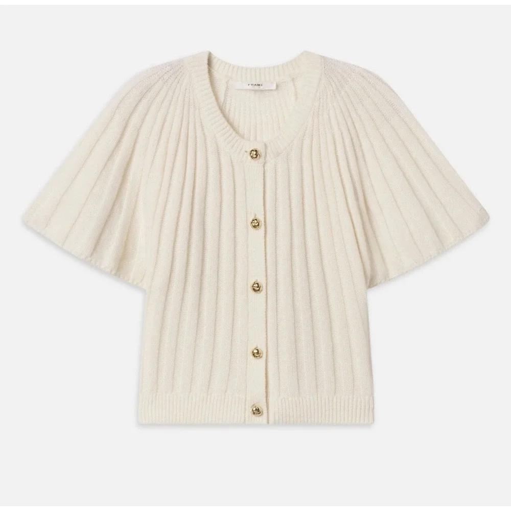 FRAME The Flutter Cardi Cream Ribbed Short Sleeve Gold Button Cardigan Sweater L